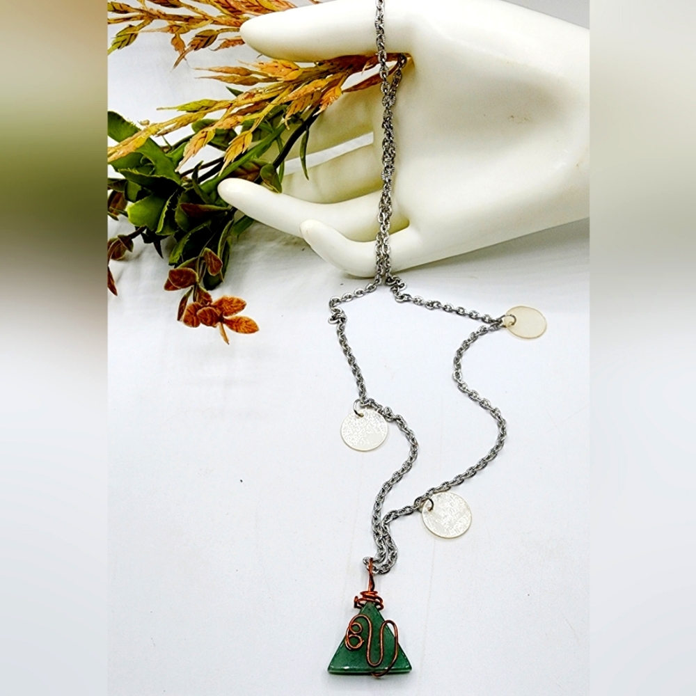 Thin silver chain necklace, wirewrapped aventurine stone,22inch,